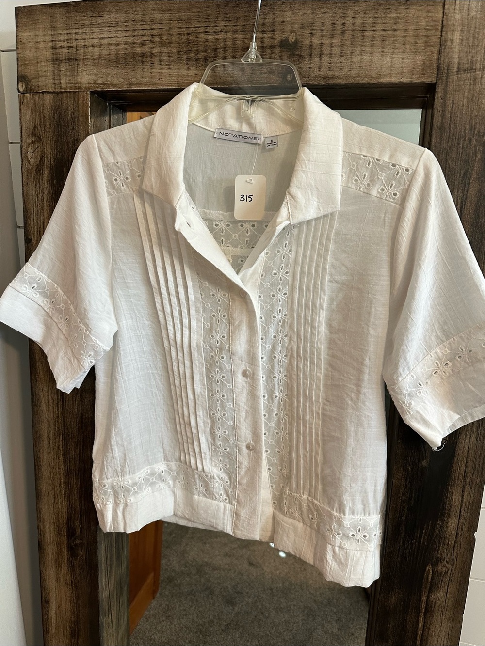 Notations Women’s Small White Eyelet Embroidered Pintuck Button Front Blouse